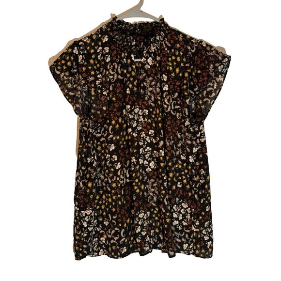Maurices Women's Floral Print Blouse Black & Yellow XL 100% Polyester Short Slee - Picture 1 of 12